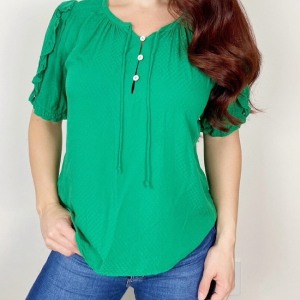 Cotton Bleu Women’s Short Ruffle Sleeve Green Blouse Small